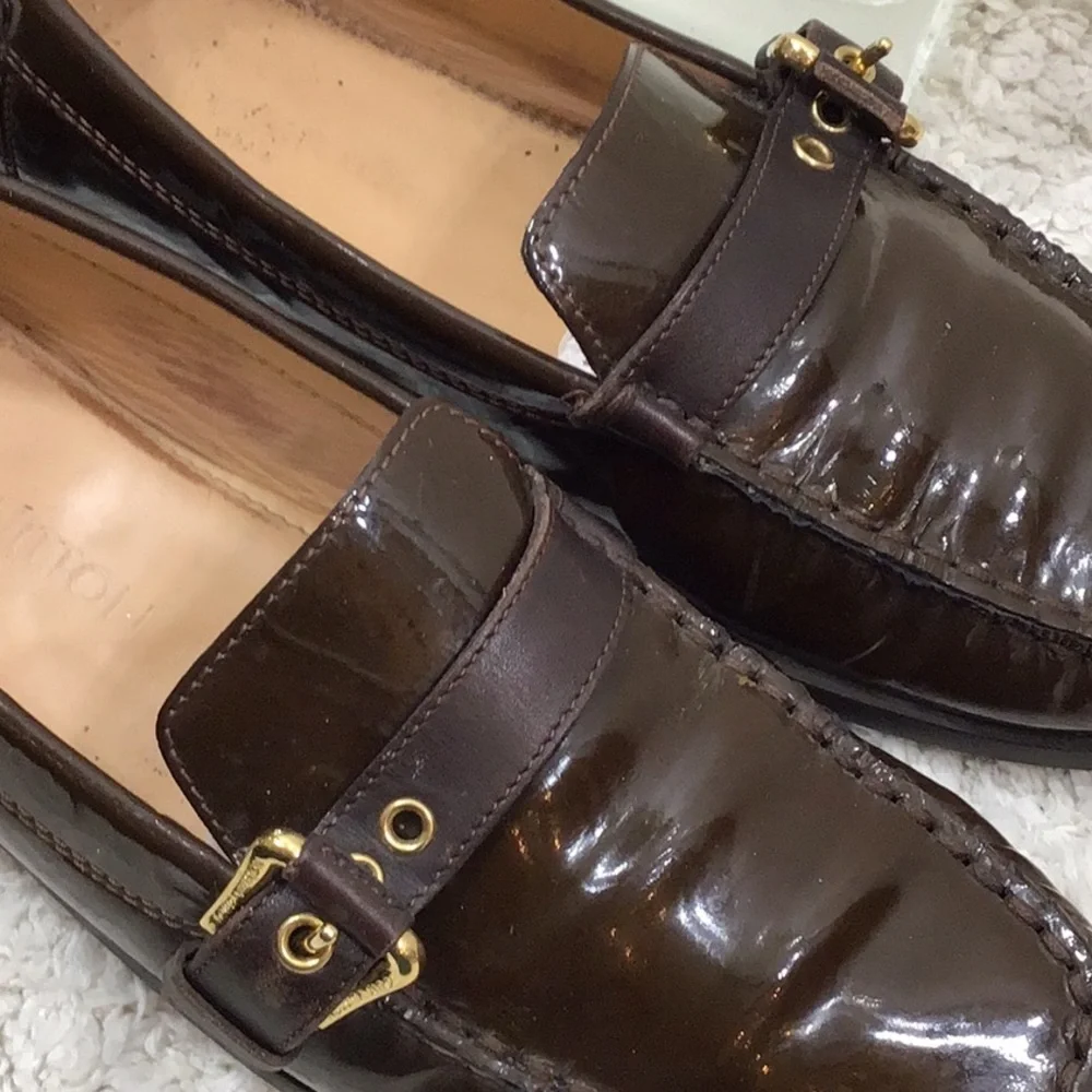 Louis Vuitton Dark Brown patent leather moccasin Loafers with Gold Buckles 37
